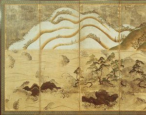 Moonlight Winter Landscape, part of a six panel folding screen by Japanese School
